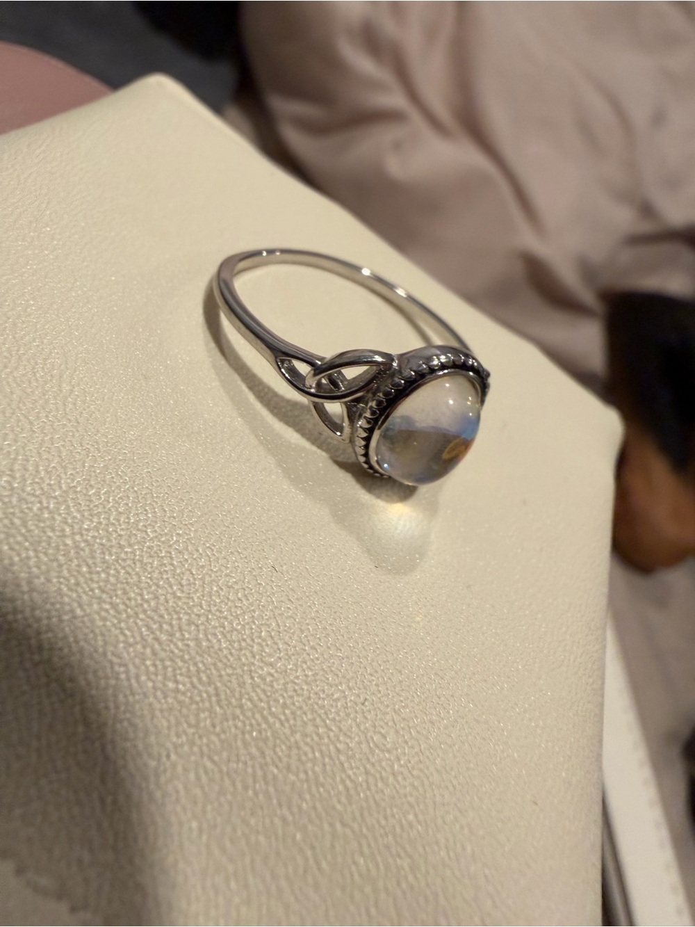 Sterling Silver Moonstone Cabochon Ring - Iridescent White size 10